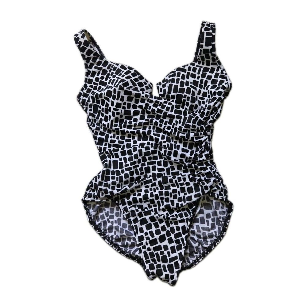 Miraclesuit One Piece Swimsuit Black White Geometric Tummy Control Underwire 12